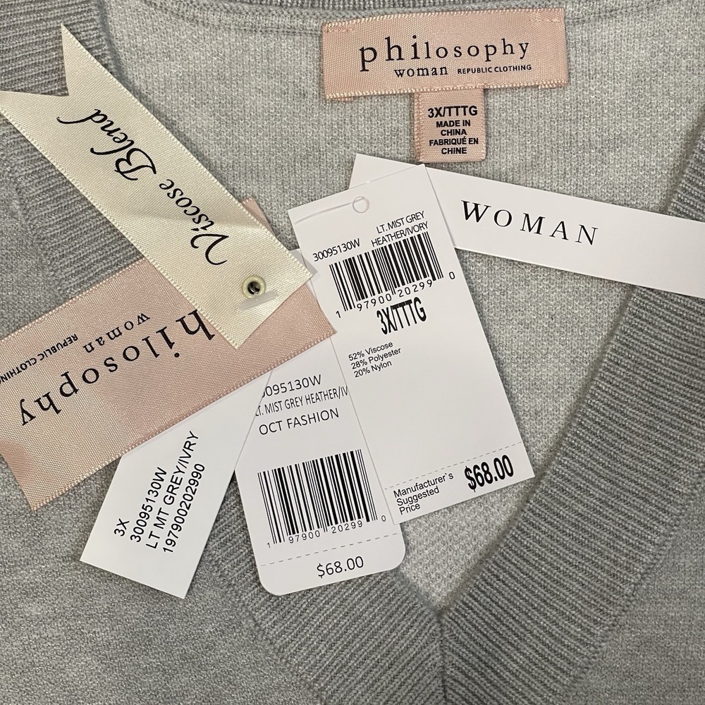 Philosophy Women's 3X V Neck Gray Cable Knit Pullover Dropped Shoulder Sweater - Picture 6 of 10